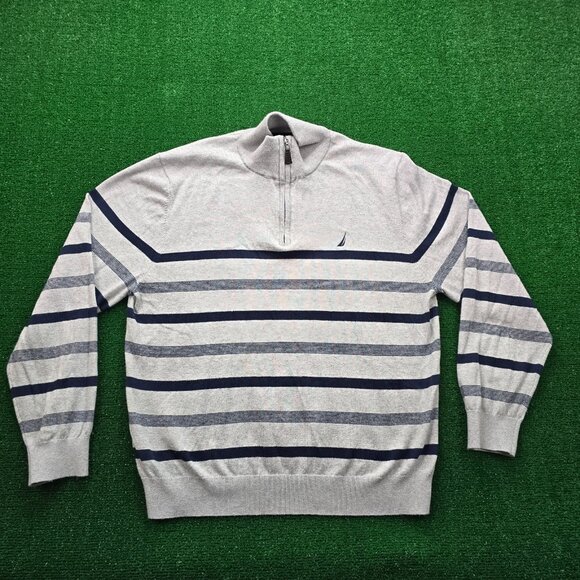 Nautica Sweatshirt Mens 2XL Gray Striped 1/4 Zip Long Sleeve Pullover NavTech - Picture 1 of 8